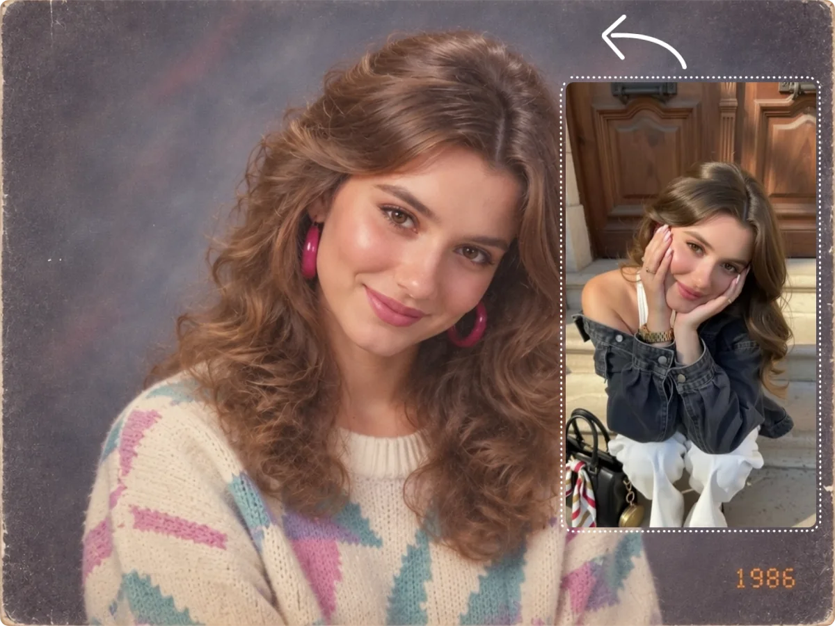 Resultaat van de AI-fotogenerator voor jaren 80-foto's: jaarboekportret met de originele foto als inzet