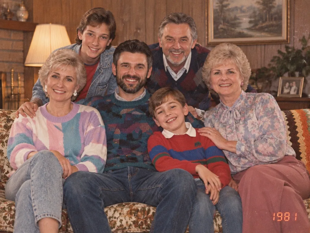 Een familie op de bank in kleurrijke jaren 80-kleding voor een nostalgisch albumportret