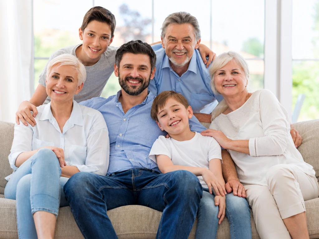 Een familie op de bank in een lichte, moderne kamer vóór hun transformatie naar een jaren 80-portret