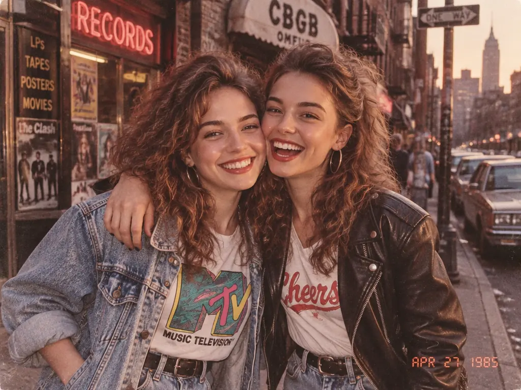 Twee vriendinnen in spijker- en leren jassen op een stadsstraat in jaren 80-stijl