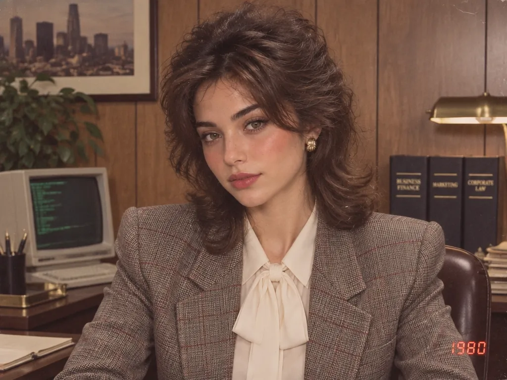 Een vrouw met volumineus jaren 80-haar en een getailleerde blazer in een vintage kantoorportret