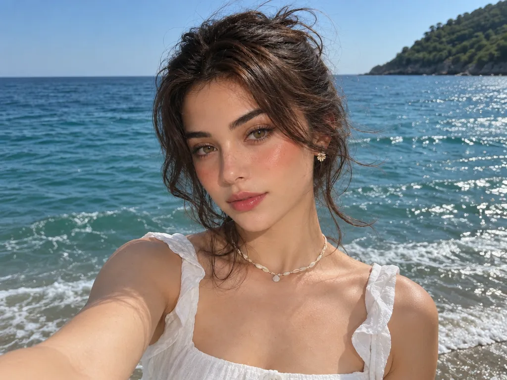 Originele selfie van een brunette aan zee vóór haar AI-transformatie naar een jaren 80-portret