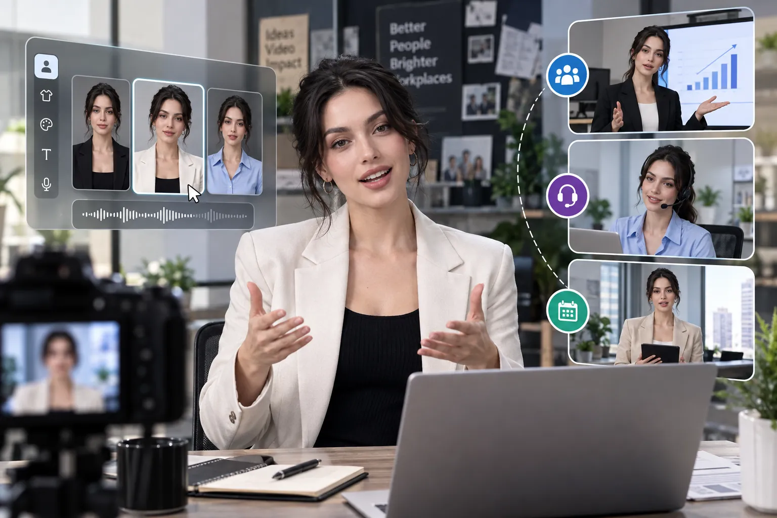 Une configuration de présentateur d’entreprise avec cadrage caméra, options d’avatar et panneaux vidéo business.