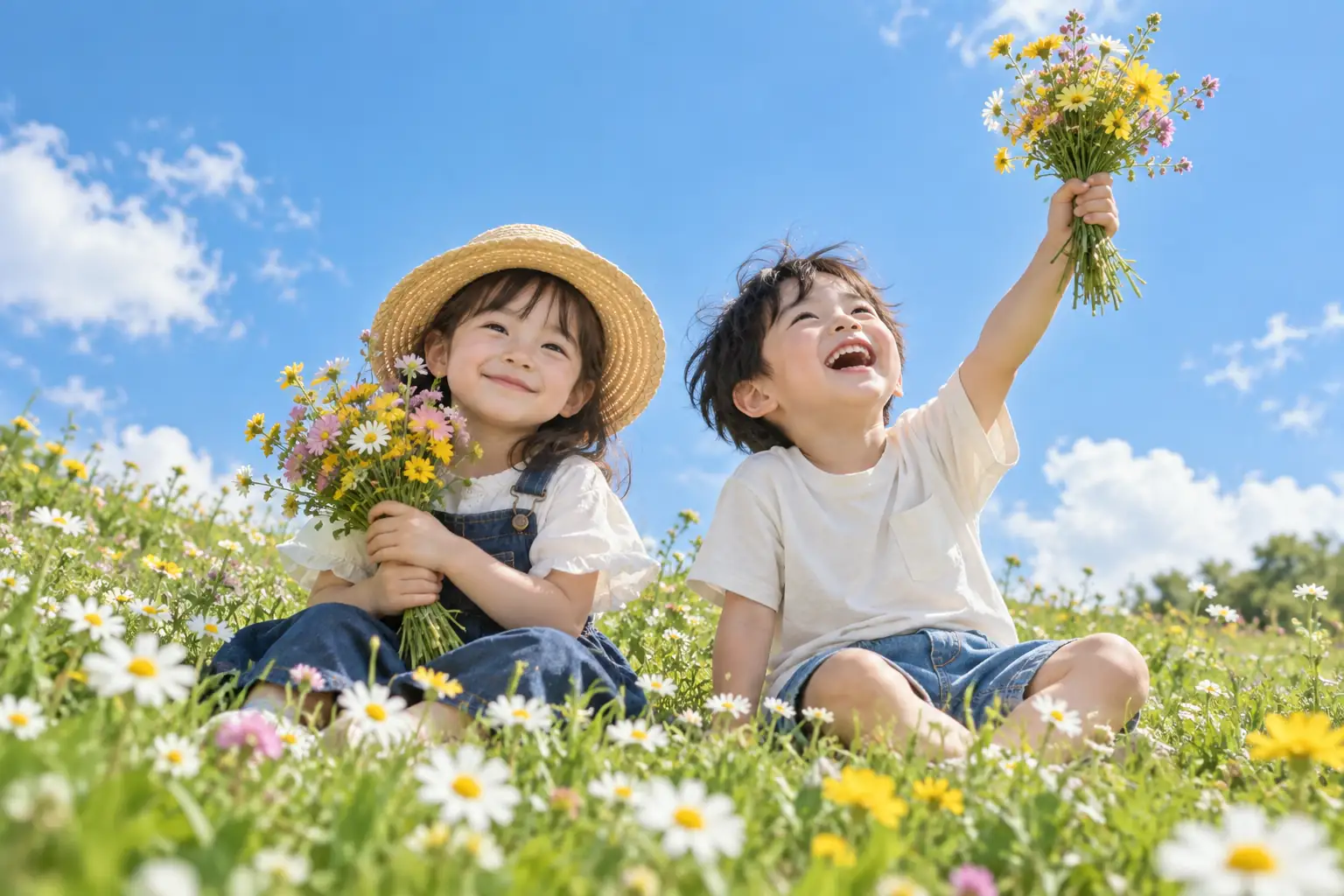 Des enfants dans un champ de fleurs utilisés comme exemple d’animation dynamique pour transformer une scène fixe en vidéo.