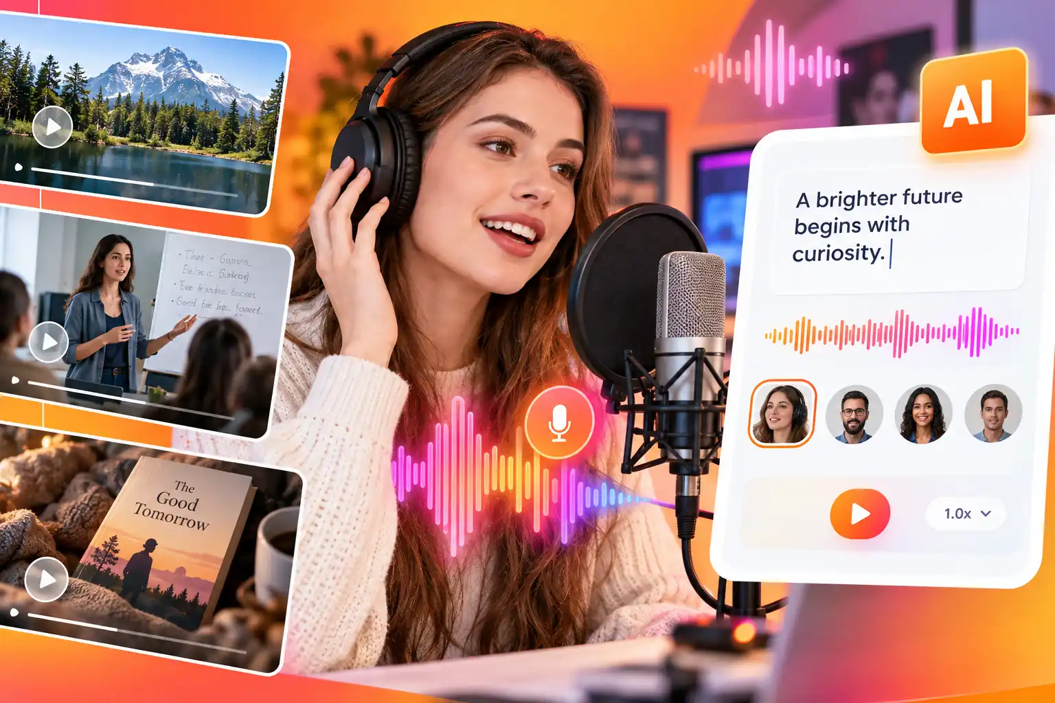 Une scène d’enregistrement au micro avec contrôles de forme d’onde vocale pour une narration vidéo IA professionnelle.