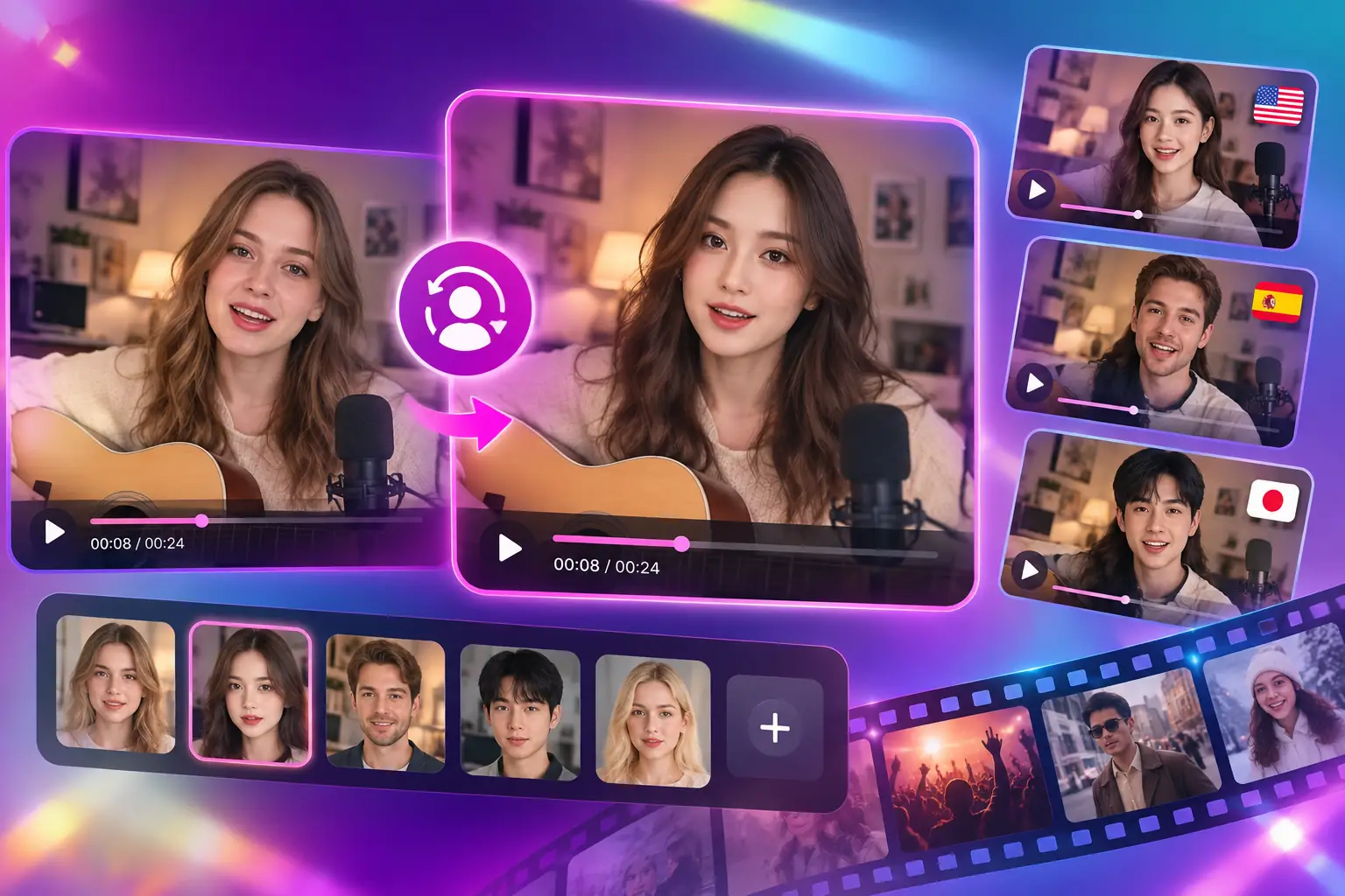 Un éditeur de personnalisation du visage comparant clips source et cible pour l’adaptation vidéo localisée.