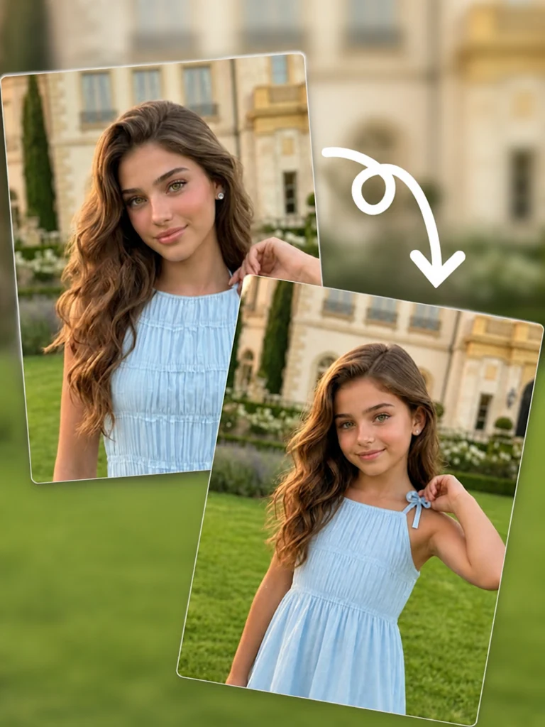 Risultato del Filtro età IA che trasforma una giovane donna in bambina preservandone i tratti