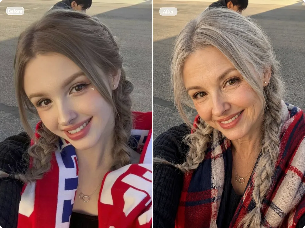 Giovane donna trasformata in una versione anziana con il Filtro età IA