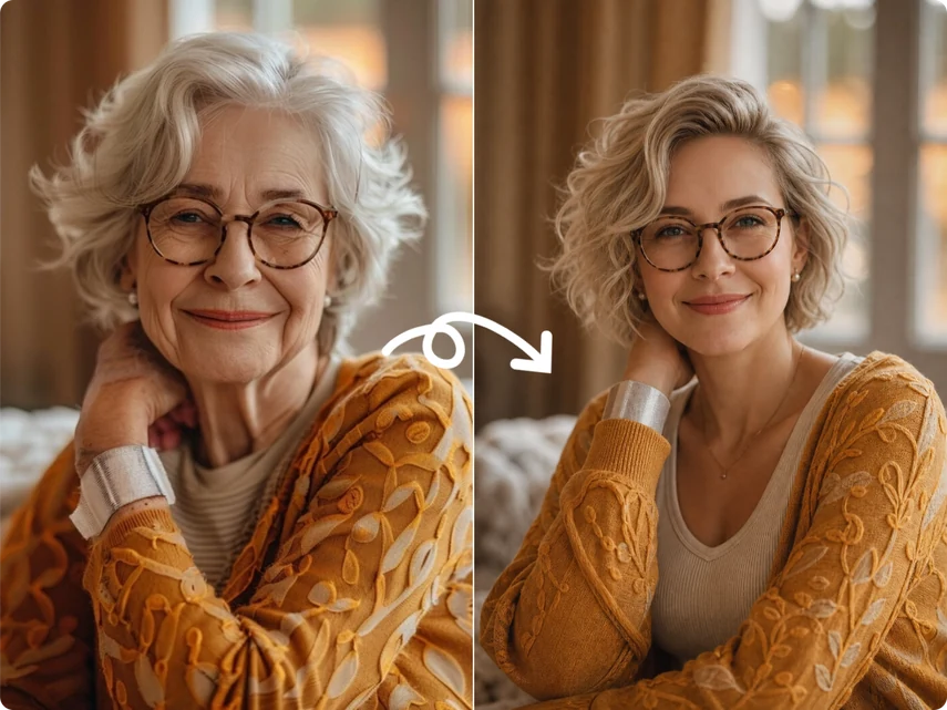 Donna anziana trasformata in una versione più giovane accanto al ritratto originale
