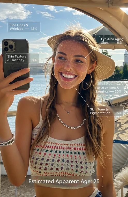 Analisi AI dell'età del viso sovrapposta a un selfie all'aperto con età stimata di 25 anni