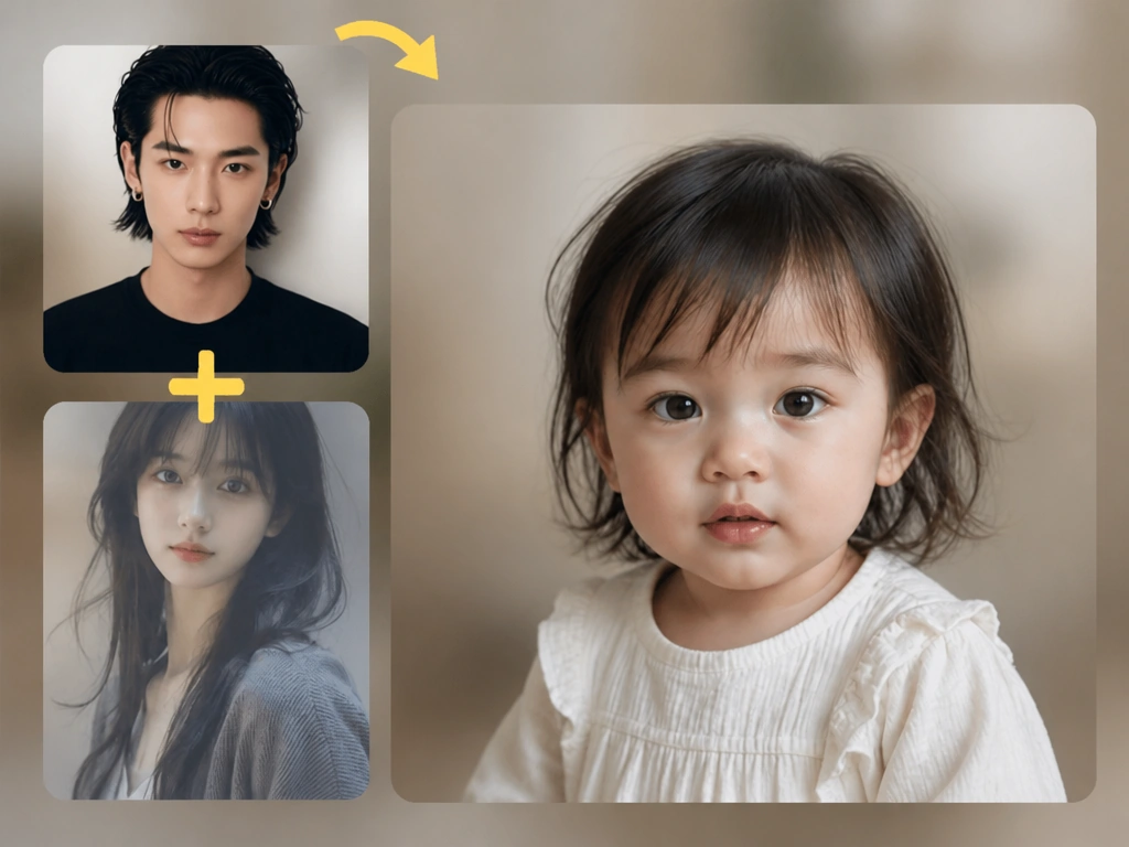アジア人の両親の写真から共通の特徴を持つ黒髪の女の子を生成