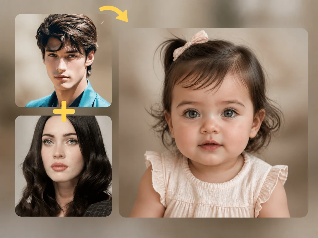 茶髪の両親の写真から黒髪で灰青色の目の女の子を生成