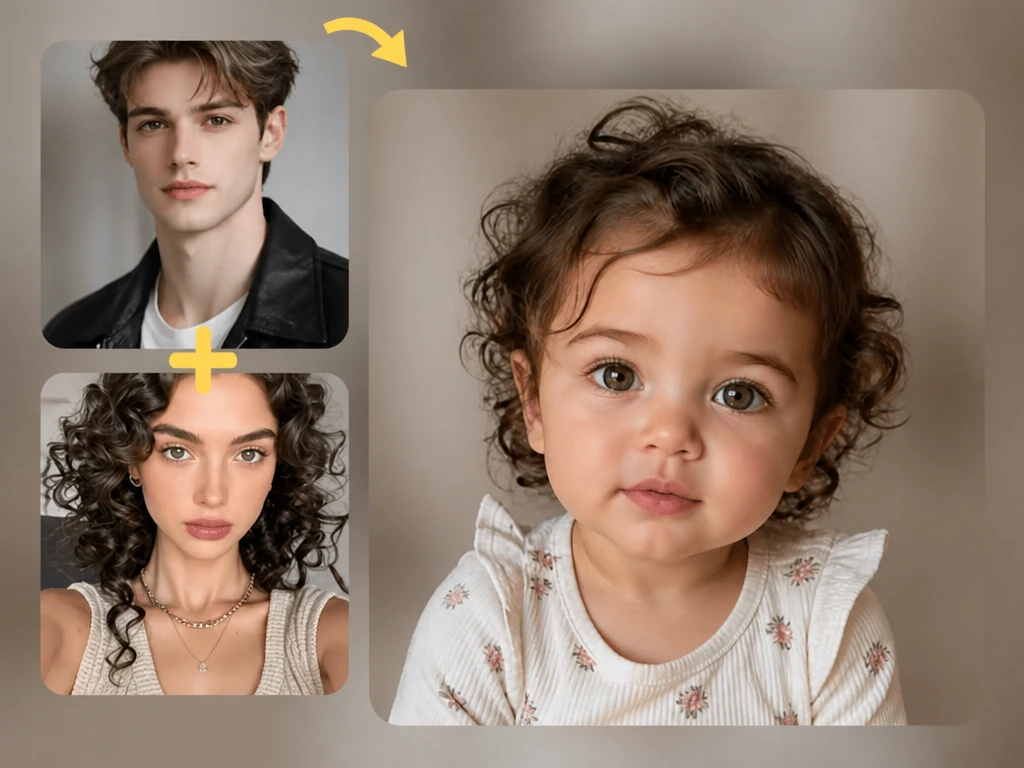 両親の写真から共通の特徴を持つ巻き毛の女の子を生成