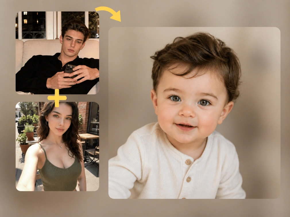 パートナー二人の写真から両親の特徴を持つ笑顔の男の子を生成