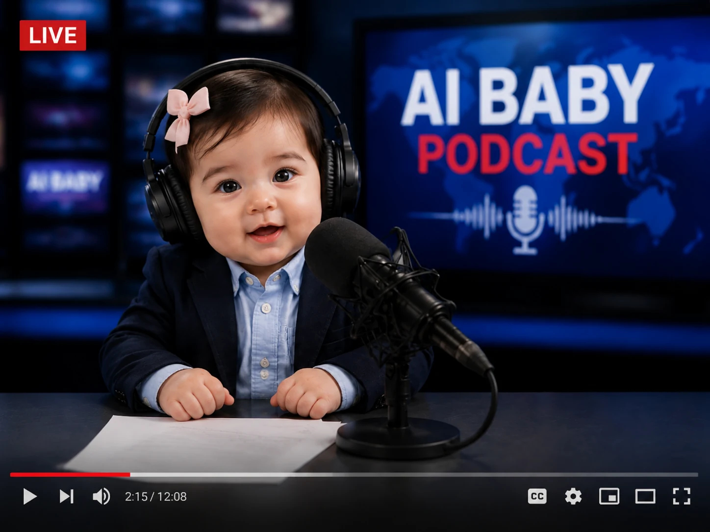 Scène d’animateur de podcast bébé montrant le fonctionnement d’un Générateur de Podcast Bébé IA