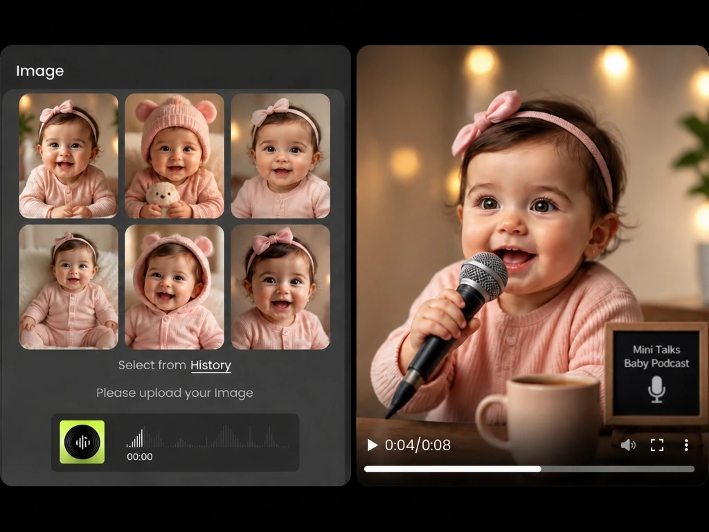 Flux étape par étape pour créer une vidéo de podcast bébé parlant IA