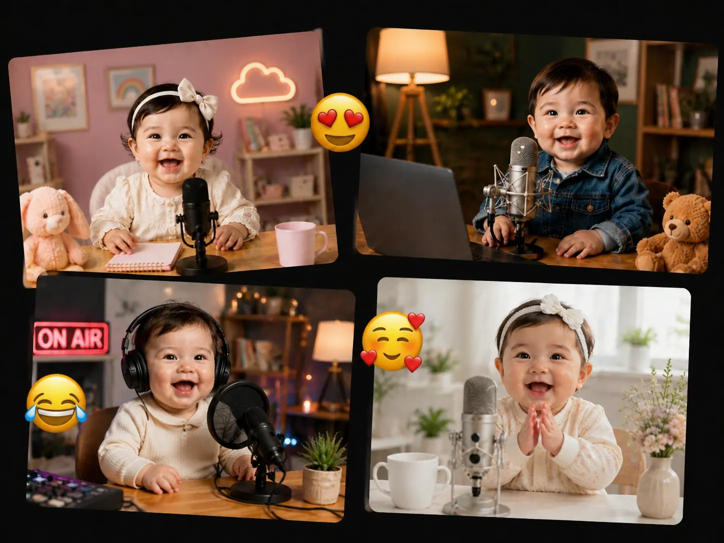 Mise en scène de mème podcast bébé avec petit animateur IA et expression joueuse