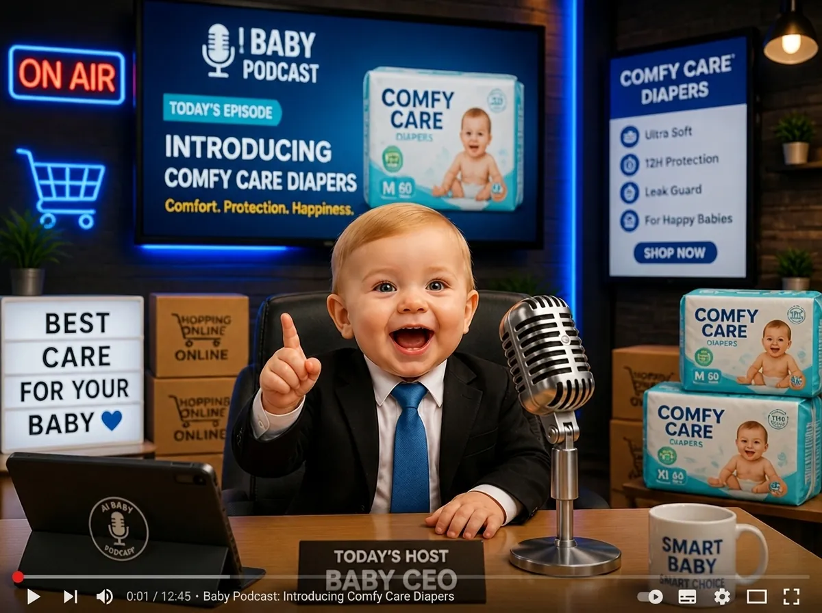 Concept de promotion de marque de produits pour bébé avec animateur Podcast Bébé IA