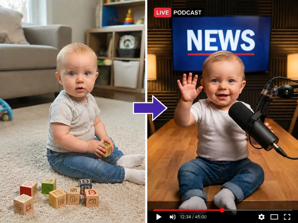 Aperçu du flux image-vers-vidéo pour créer plus vite des clips de Podcast Bébé IA