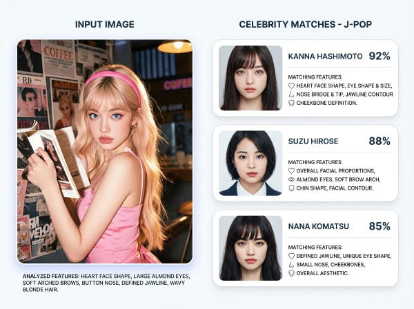 유사도 점수가 포함된 AI 유명인 쌍둥이 매칭 예시