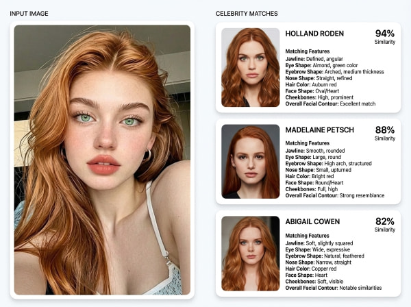 AI 얼굴 분석을 통한 연예인 매칭 결과 예시