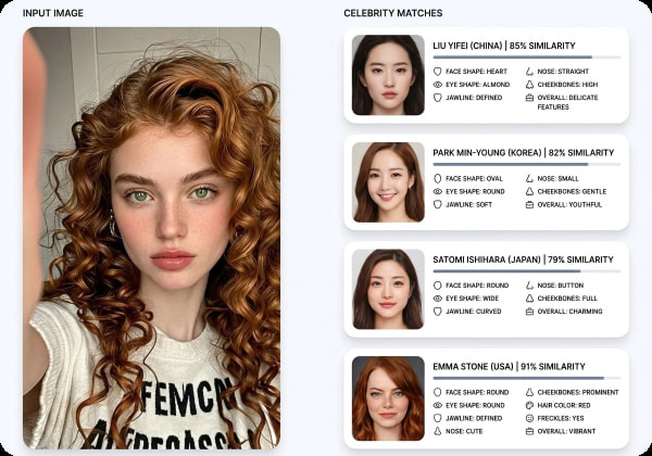 K-pop, J-pop, 아시아 및 서양 연예인 카테고리가 있는 AI 연예인 닮은꼴 찾기