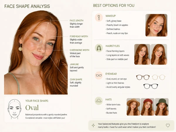 Analisi della forma del viso ovale con etichette di misurazione e consigli personalizzati per trucco, capelli, occhiali e cappelli