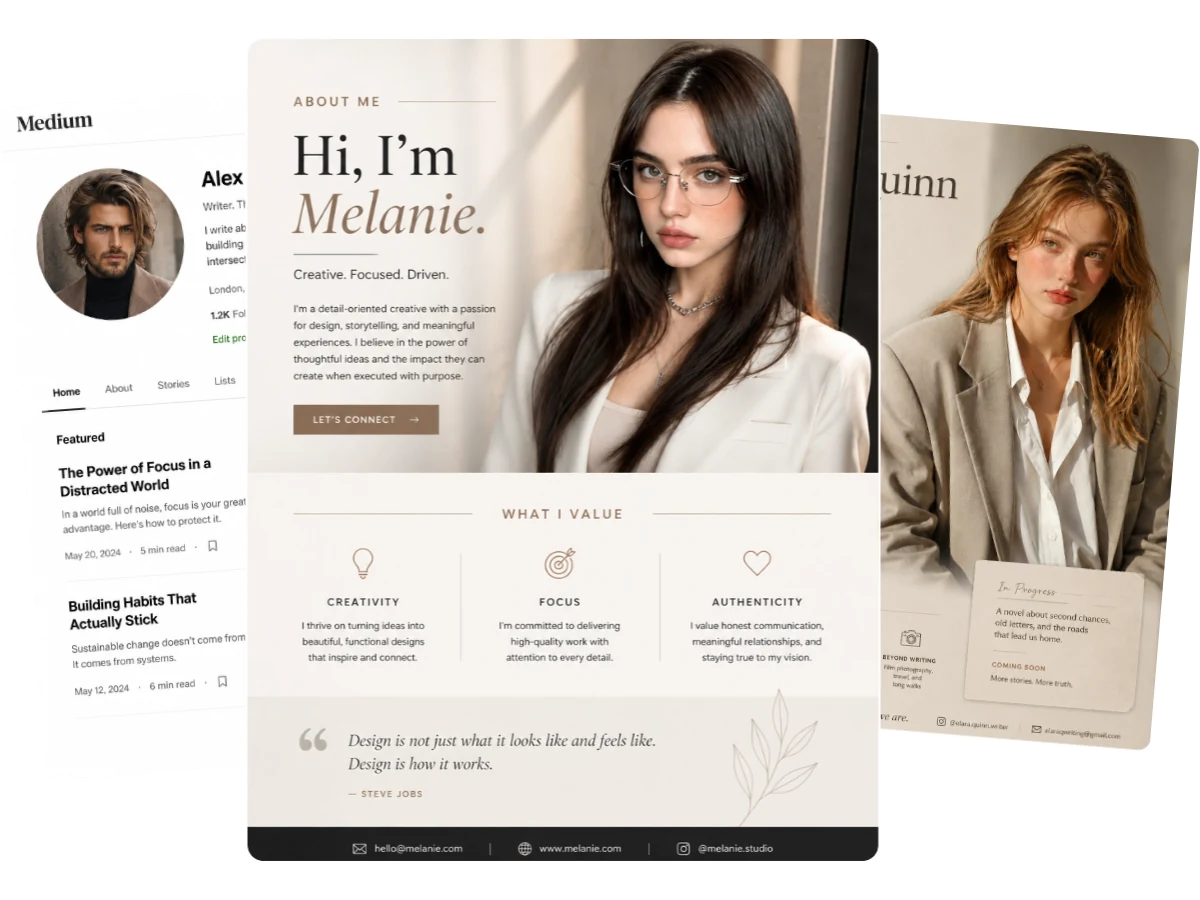 Personal-Branding-Porträtvorschau mit editorialen Layouts aus KI-Headshots