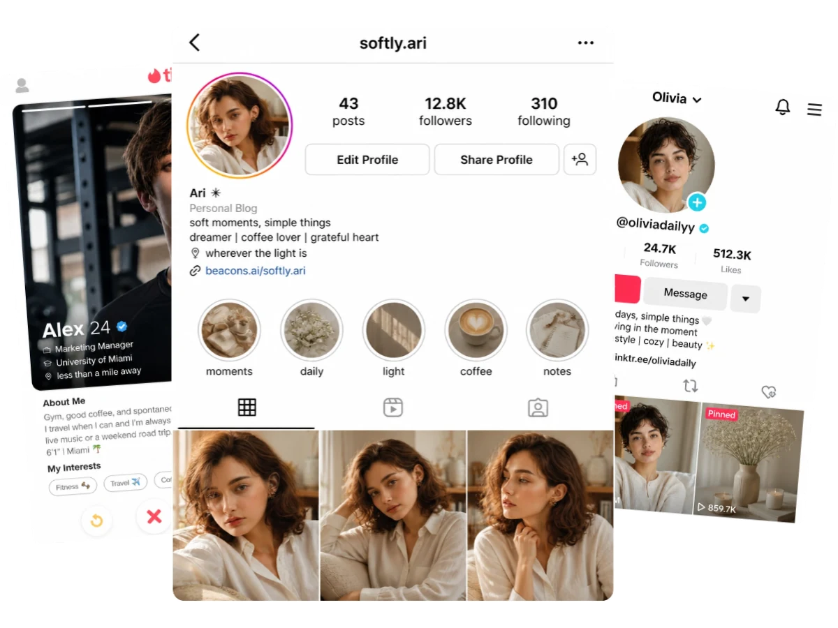 Vorschau des KI Porträtfoto Generators mit Social-Profile-Porträts und app-bereiten Profil-Looks