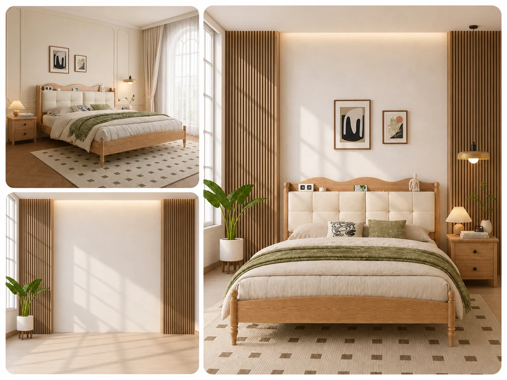 El Combinador de imágenes con IA previsualiza un dormitorio rediseñado con paneles de madera cálida y decoración moderna