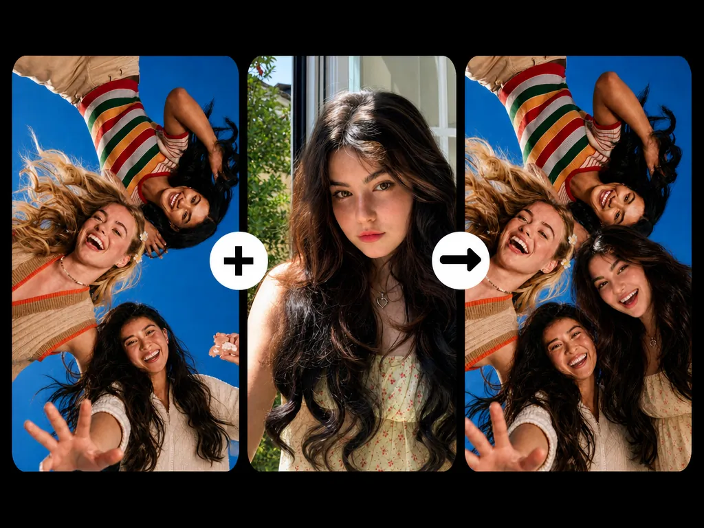 El Combinador de imágenes con IA une retratos separados en una foto de grupo natural de amigos