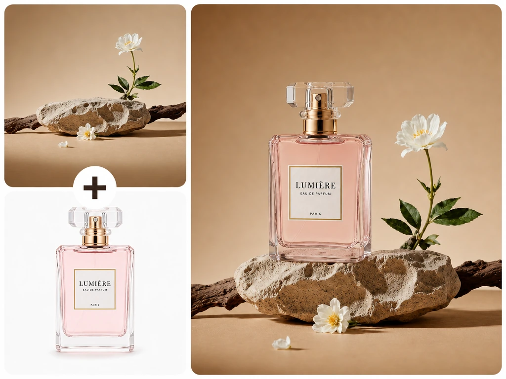 El Combinador de imágenes con IA fusiona una botella de perfume con flores para un visual de campaña pulido