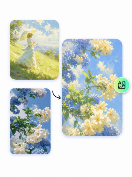 La Fusión de imágenes con IA combina una pintura pastoral y una referencia floral en una obra de arte floral azul suave.