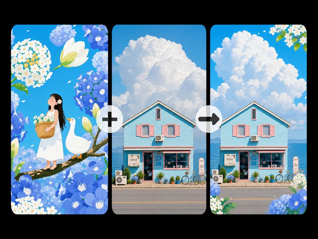 La Fusión de imágenes con IA aplica un estilo de ilustración floral azul a una fotografía de una casa