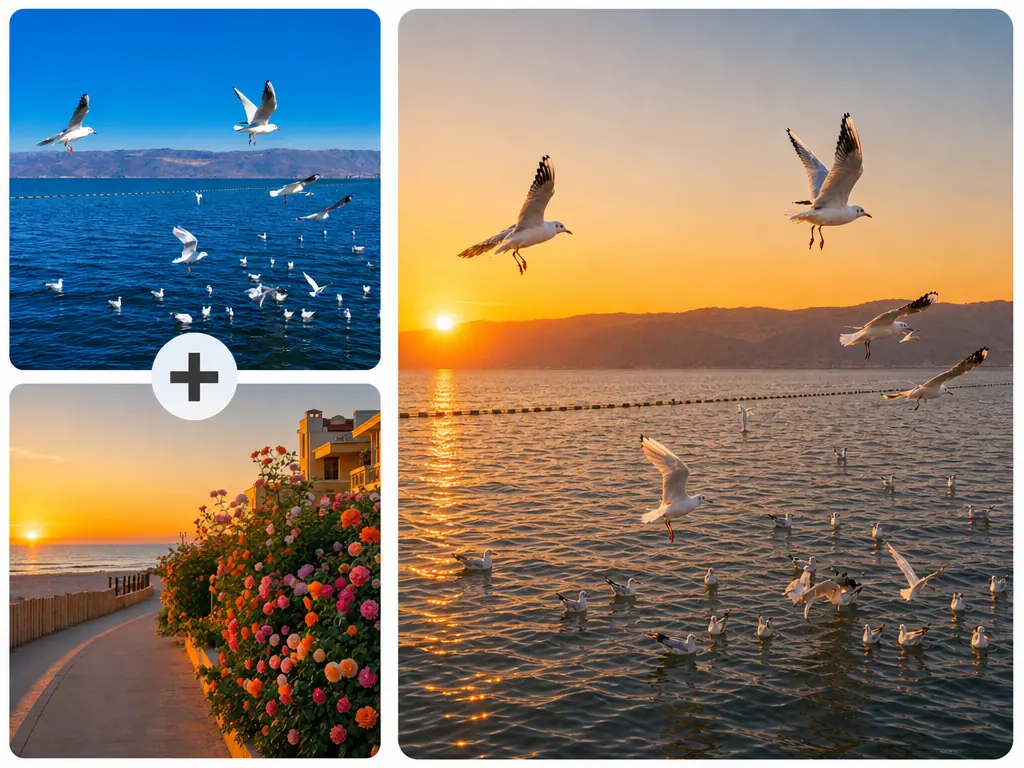 La Fusión de imágenes con IA combina aves marinas y una costa al atardecer en una escena sin costuras