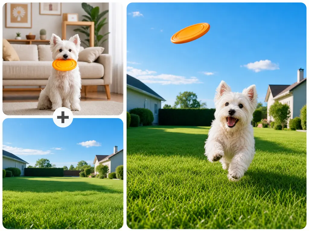 El Fusor de fotos con IA coloca un perro blanco en una escena de césped soleado mientras atrapa un frisbee