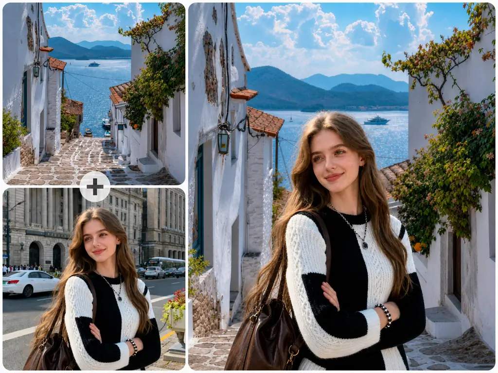 El Fusor de fotos con IA coloca el retrato de una mujer en un entorno de viaje costero brillante