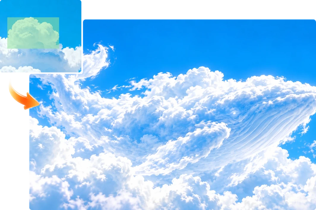 AI Image Inpainting transforms a selected cloud into a giant whale in a blue sky