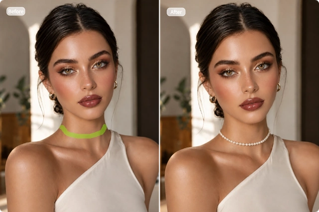 AI Inpainting replaces a selected choker with a pearl necklace in a studio portrait