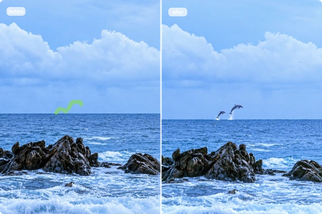 AI Image Inpainting adds a breaching whale to a rocky ocean scene, shown before and after