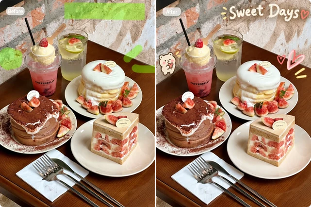 AI Photo Inpainting adds Sweet Days lettering, hearts, and a bear doodle to a dessert photo