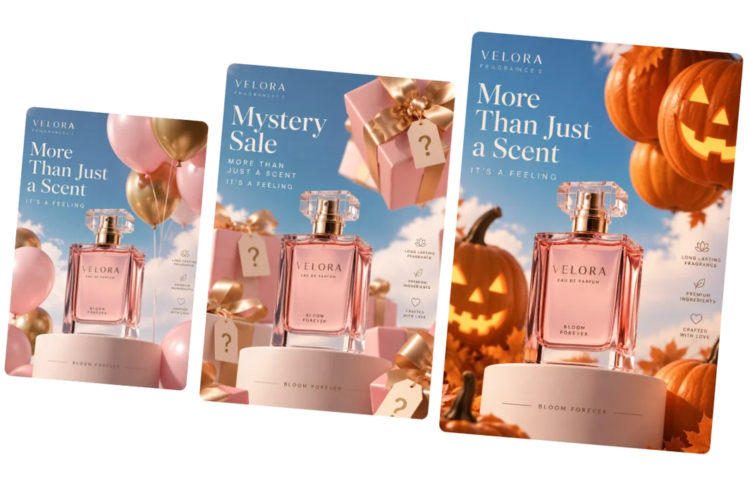 AI Inpainting refreshes perfume ads with gift boxes for a mystery sale and pumpkins for Halloween
