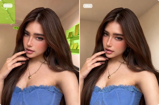 AI Photo Inpainting Tool removes ceiling lights and shelves from a portrait background