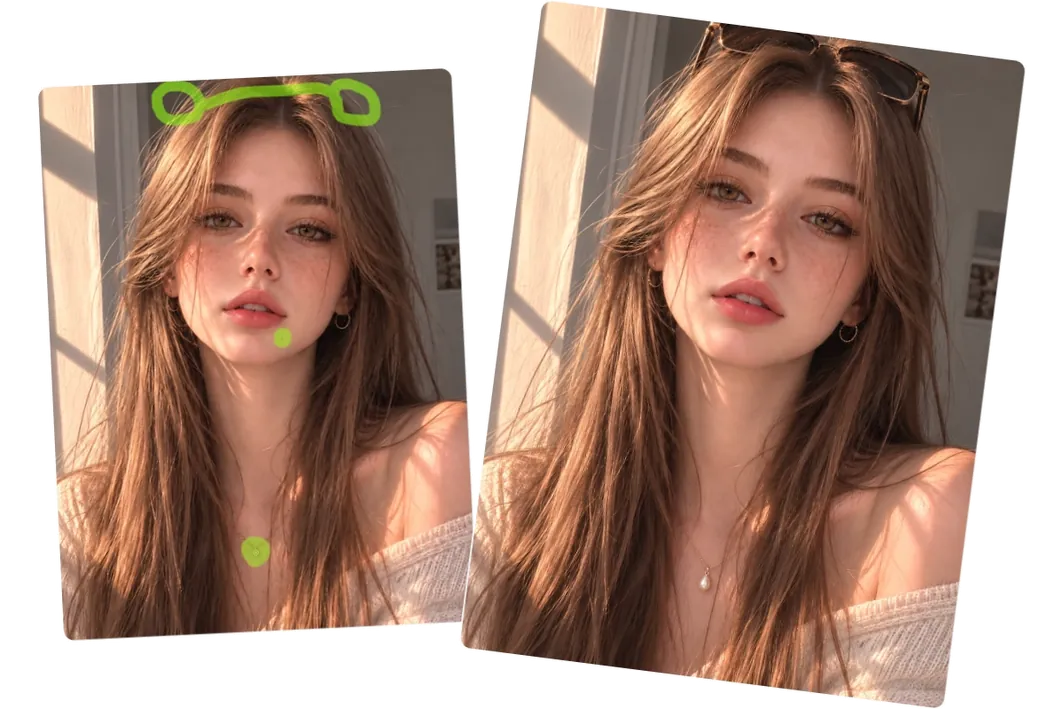 AI Photo Inpainting retouches facial blemishes and adjusts accessories in a sunlit portrait