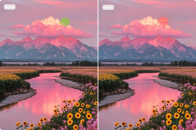 AI Photo Inpainting adds an orange sun above pink clouds in a mountain landscape