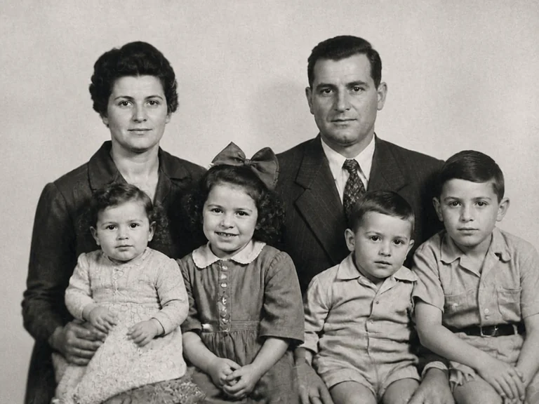 Foto a colori restaurata di una famiglia che si rilassa insieme in salotto