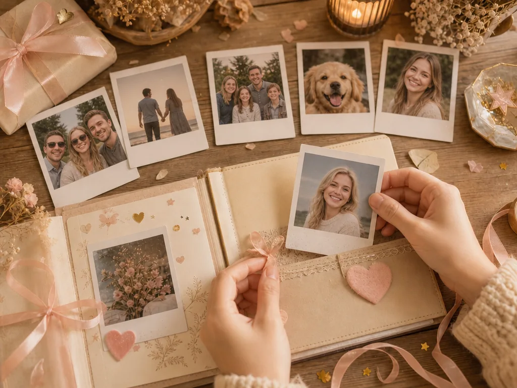 共有用のポラロイド風ギフト記念写真として仕上げた AI レトロ写真生成ツールの出力
