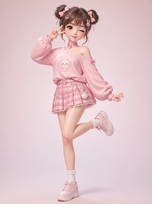 Personaje virtual vestido de rosa antes de la animación Scuba Dance