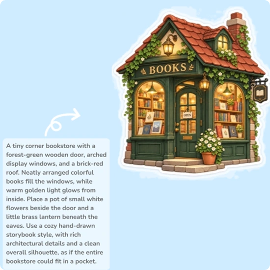 Vista previa del creador de stickers con IA: una librería cubierta de hiedra junto a su prompt