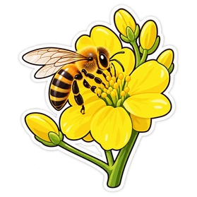 Sticker llamativo de una abeja y una flor amarilla, con pétalos ilustrados y contorno blanco